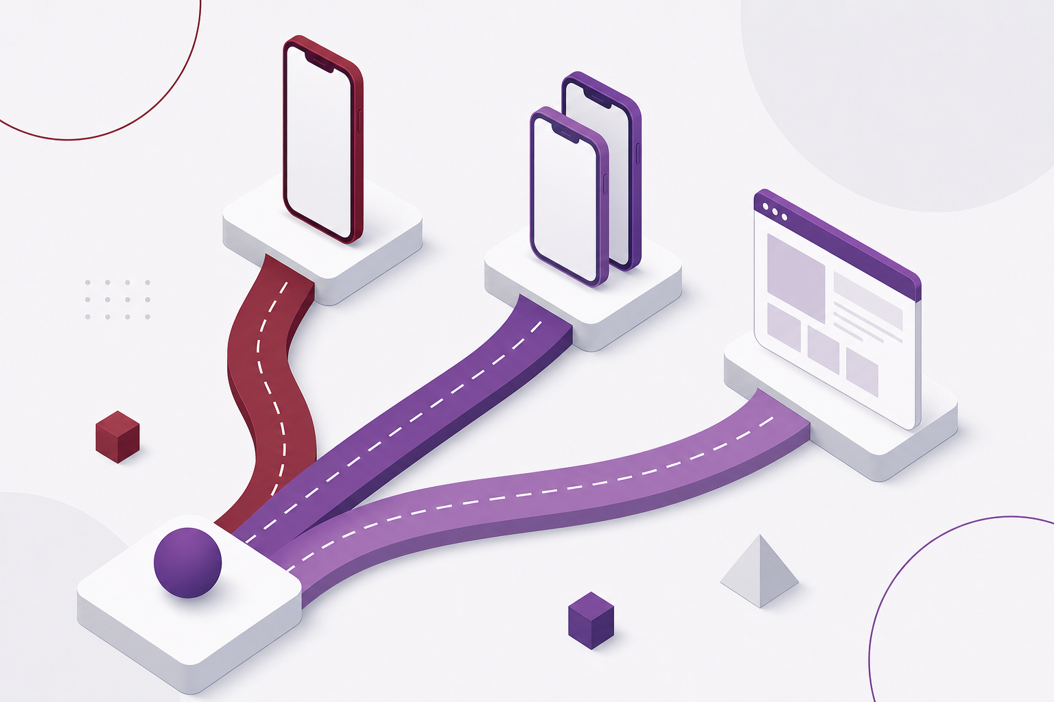 Three diverging paths representing native, cross-platform, and web app choices