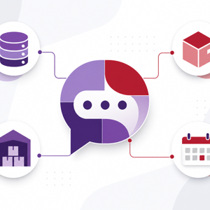 Illustration of an AI chatbot connected to business data answering customers
