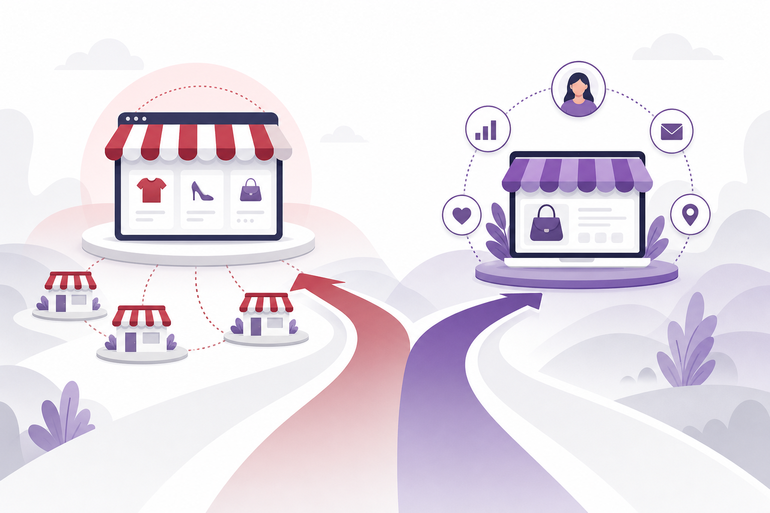 Illustration comparing selling on marketplaces versus a standalone online store