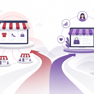 Illustration comparing selling on marketplaces versus a standalone online store